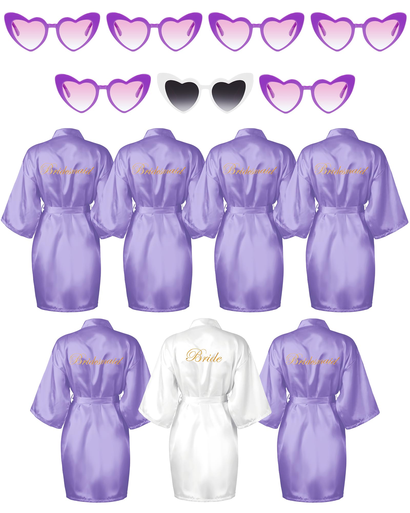 Xuhal 7 Pcs Bride Bridesmaid Robe Sets for Wedding Bridal Party Satin Robes Maid of Honor Robe with Heart Shaped Sunglasses (Pur