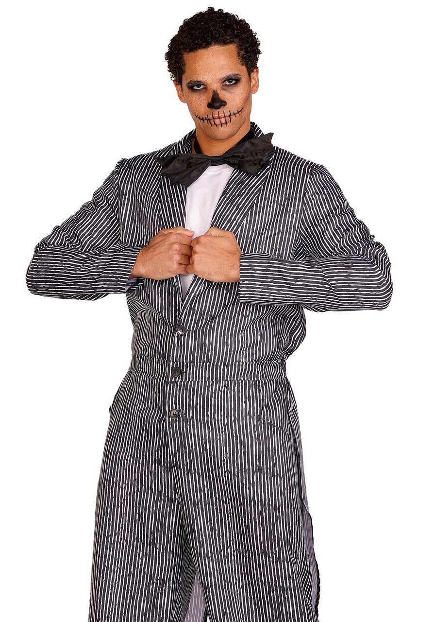 2 Pc Pinstriped Tux Jumpsuit, Includes One-Piece Button Front Jumpsuit And Bow Tie.