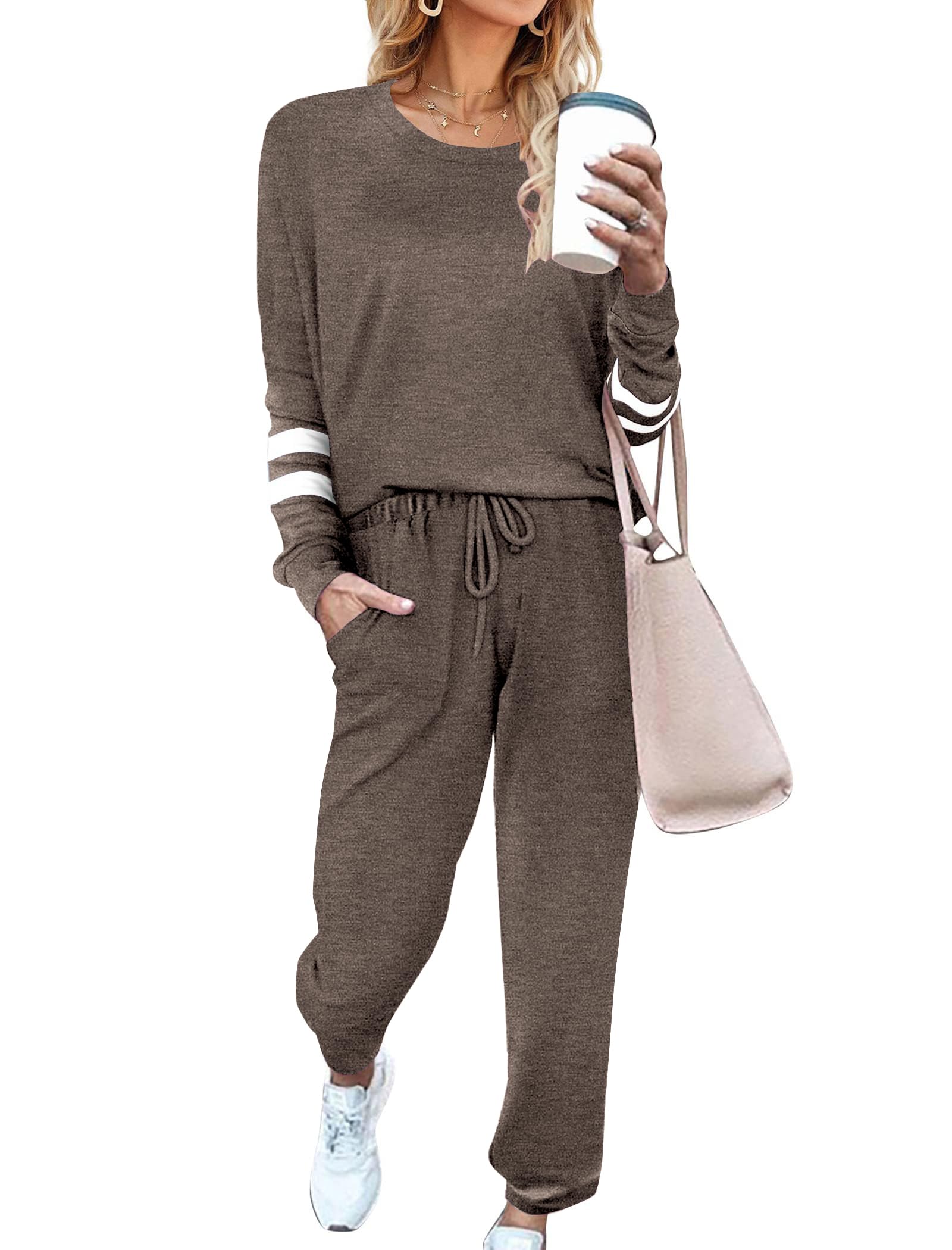 Ekouaer Sweatsuits Womens Loungewear Set Tracksuit Long Sleeve Pajamas Set with Pockets 2 Piece Outfits Lounge Sets Brown X-Larg