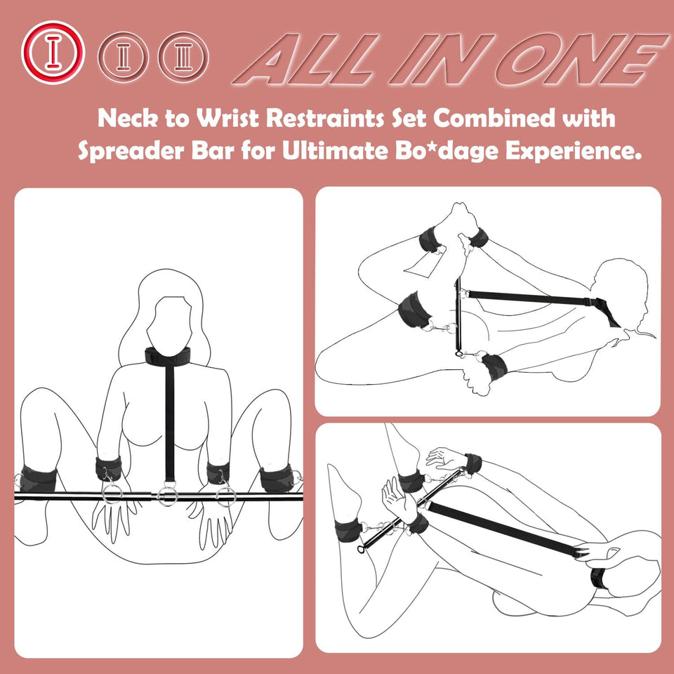BDSM Toys Sex Restraints - Versatile Neck to Wrist BDSM Kit with Spreader Bar Couples Sex Toys, Adjustable Handcuffs Ankle Cuffs