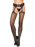 Elegant Moments Lace Ruffle Waist Sheer Suspender Pantyhose - Black - One Size