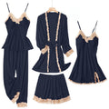 SAPJON Womens Pajama Sets 5PCS Silk Pajamas for women Cute Sleepwear Loungewear Satin Pajamas Sets for Women Soft Navy Blue