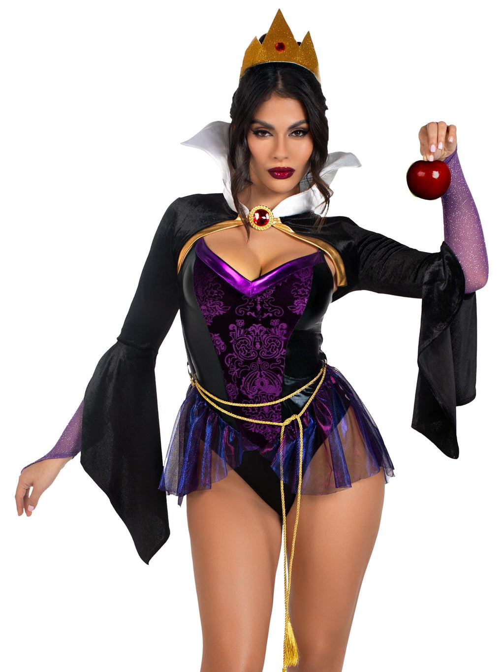 4 PC Poison Apple Queen, includes snap crotch bodysuit with velvet brocade detail and iridescent skirt, velvet shrug with jewel