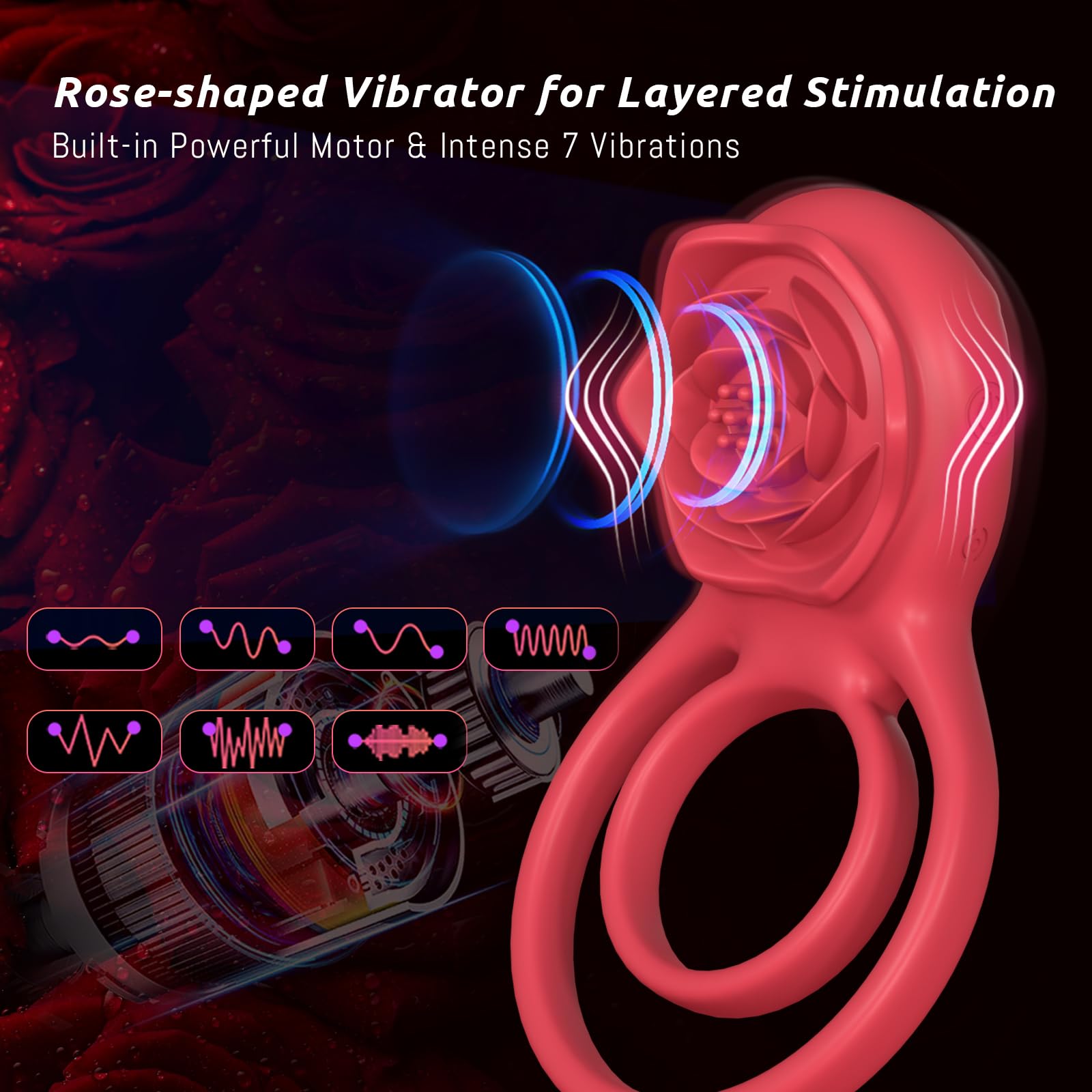Vibrating Cock Ring with Rose Clitoral Stimulator, Pleasure Penis Ring Vibrator Couples Adult Sex Toys for Men Women, 7 Vibratio