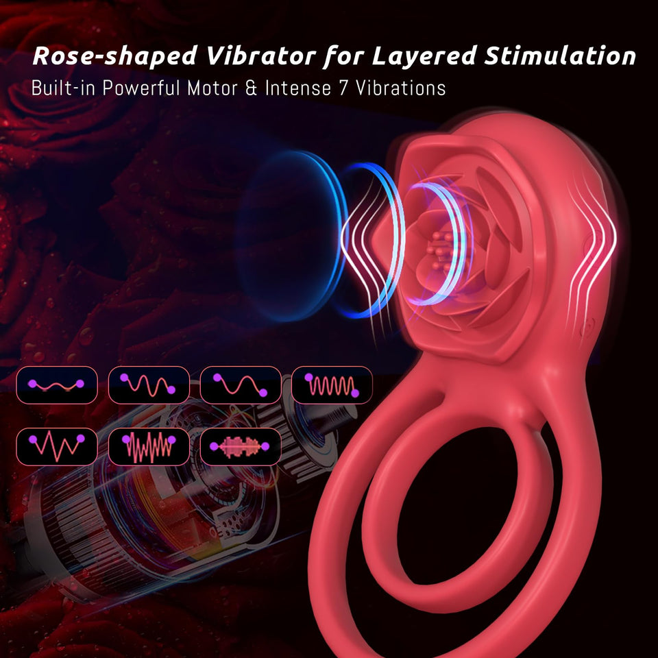 Vibrating Cock Ring with Rose Clitoral Stimulator, Pleasure Penis Ring Vibrator Couples Adult Sex Toys for Men Women, 7 Vibratio