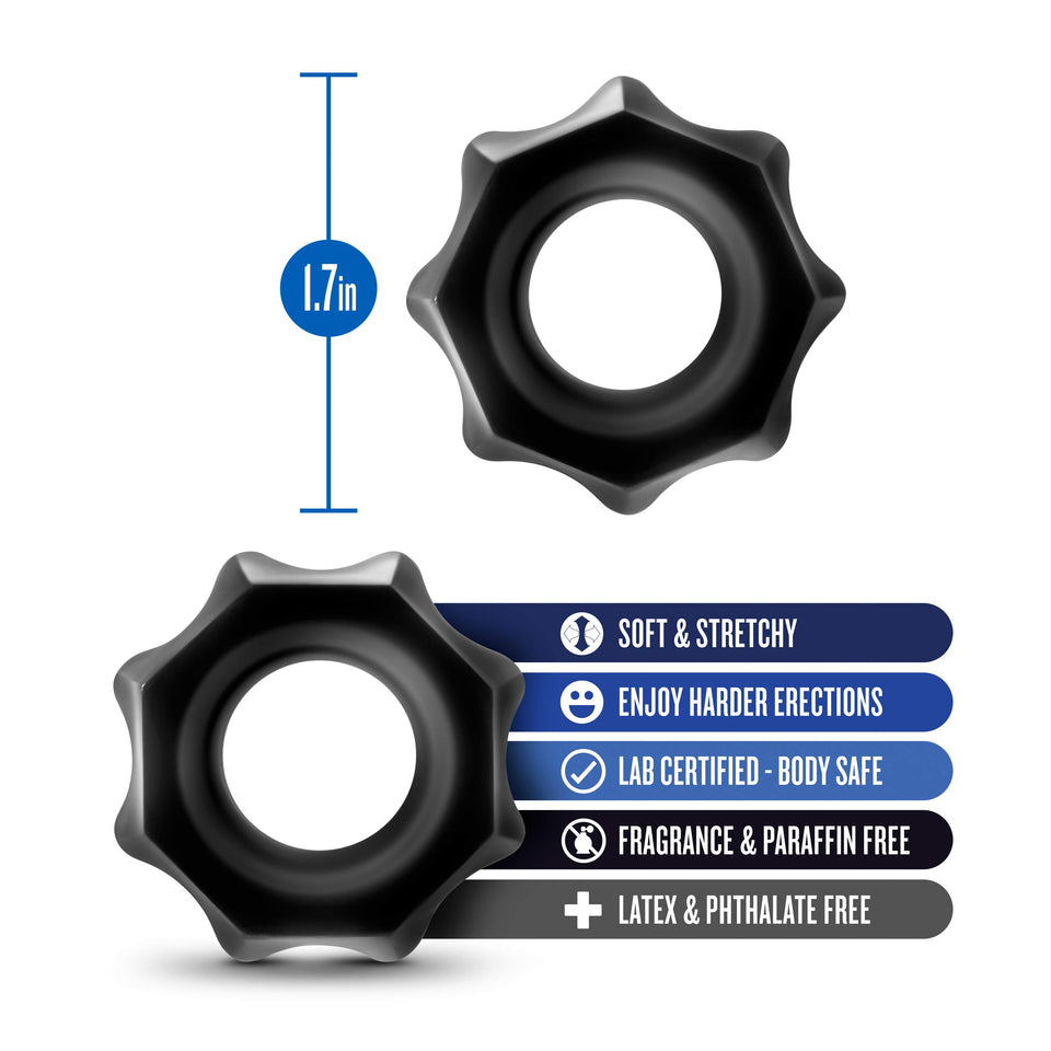 Blush Stay Hard Nutz Super Elastic Cock Rings - Soft And Stretchy - Increase Stamina And Enjoy Harder Erections - Strong Tear Resistant Elastomer - Two Included C Rings - Sex Toy For Men Couples