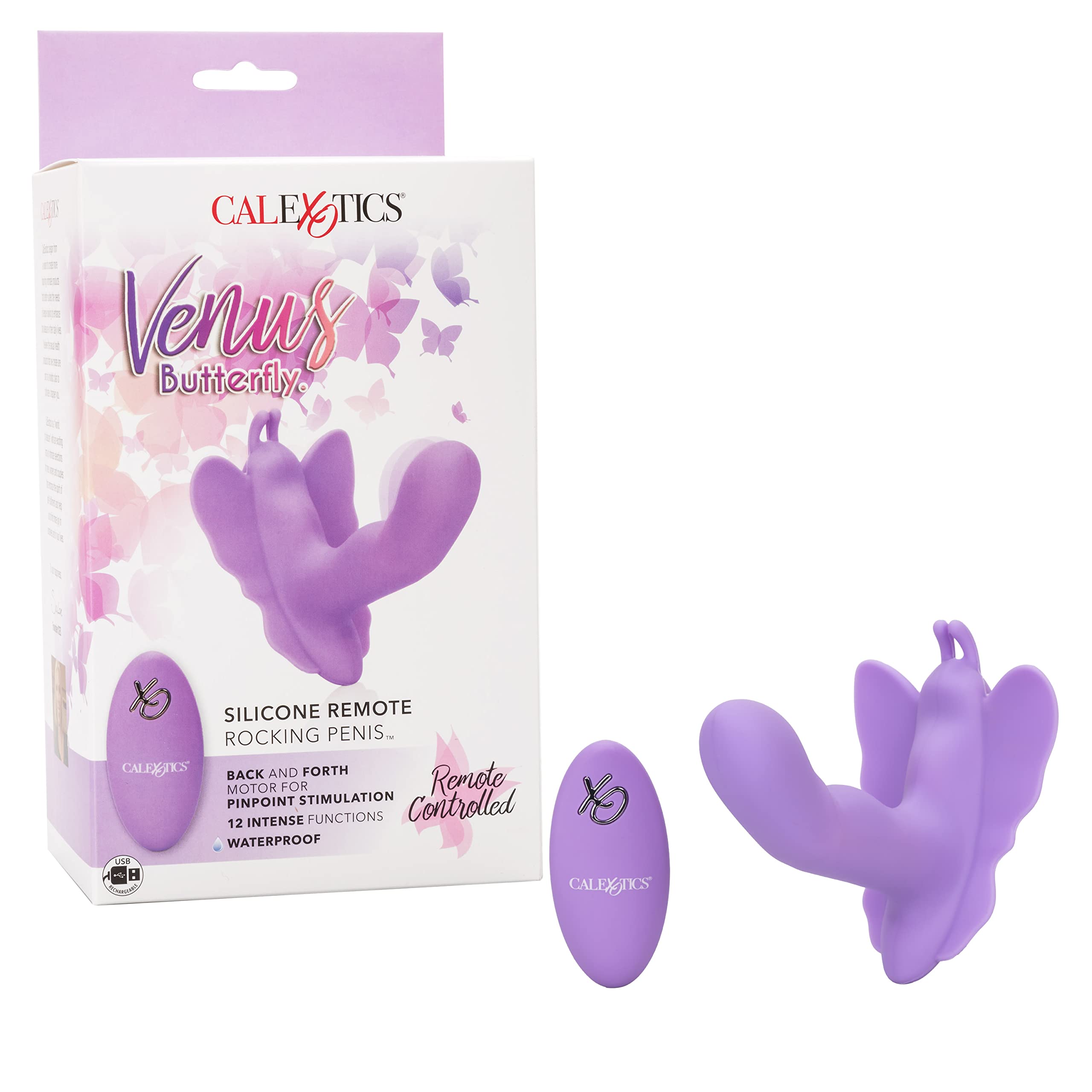CalExotics Venus Butterfly Silicone Remote Rocking Penis - Hands Free Strap On Personal Massager Probe with Controller - Waterpr