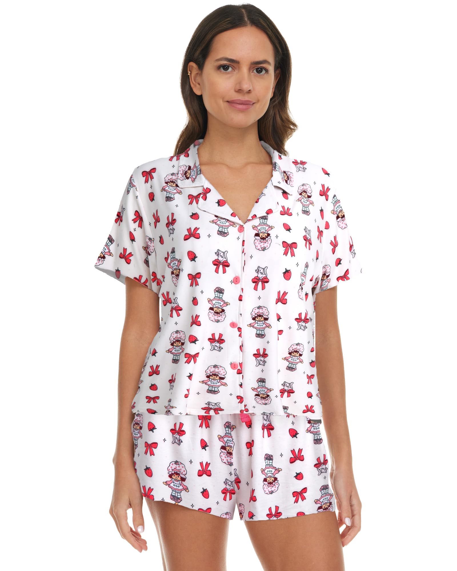 COCO BRANDS Strawberry Shortcake Womens Pajama Set, Soft Stretchy Pajama Shorts & Short Sleeve,Notch Collar,Button Down Top, Siz