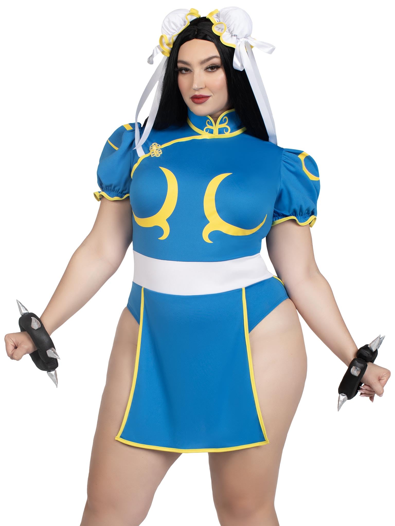 3 Pc Chun-Li, Includes Bodysuit Dress With Signature Character Detail, Bun Covers With Ribbon Accents, And Spiked Wrist Cuffs.