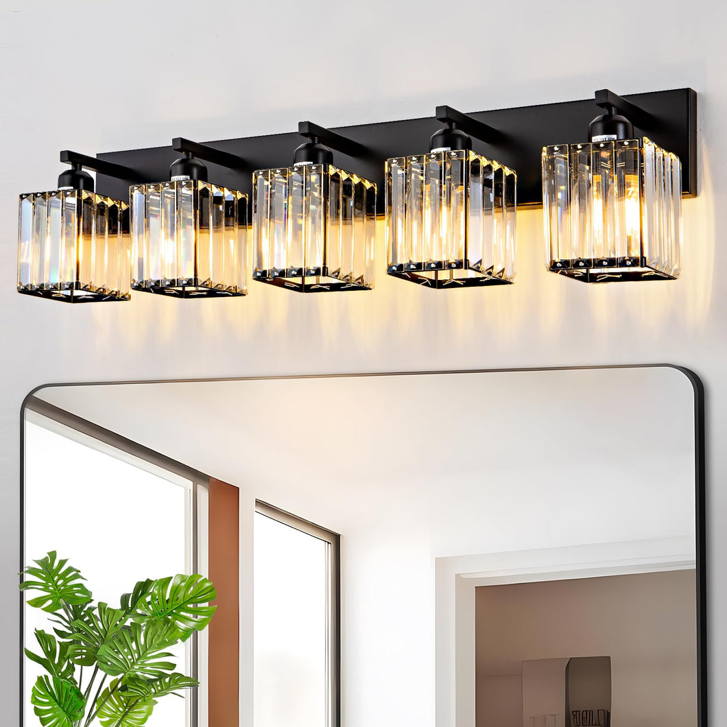 Aixialin Black Crystal Bathroom Lighting Fixtures, 5 Light Modern Crystal Bathroom Vanity Lights Over Mirror, Wall Light Bathroo