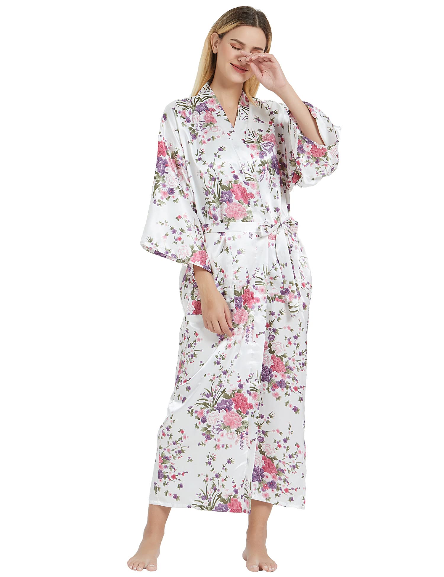 MizzGenio Womens Plus Size Kimono Robes Floral Long Silk Robes Plus Long Bridal Robes Bridesmaid Robes Long, White, 4XL/5XL
