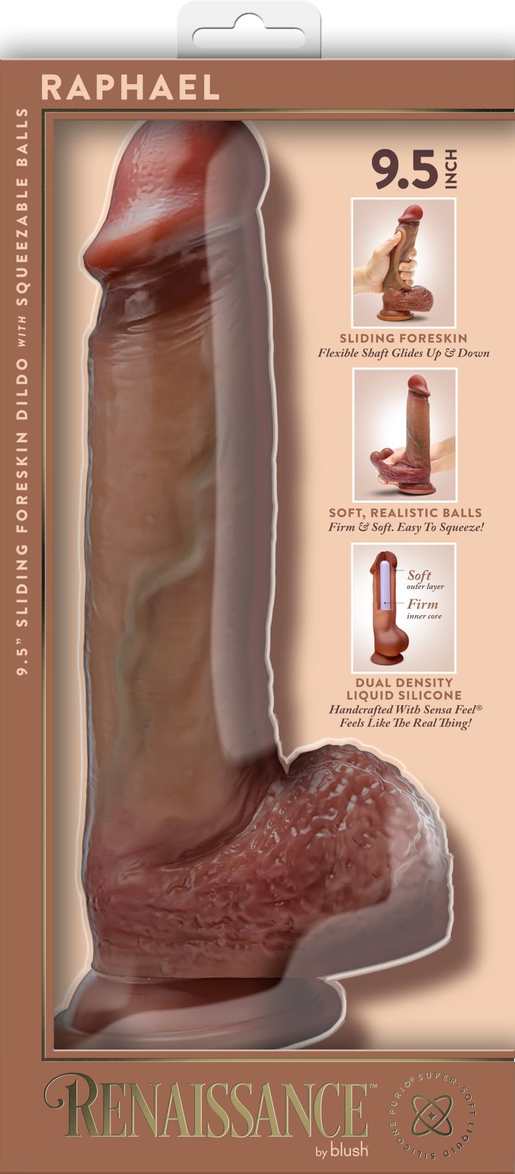 Renaissance Raphael 9.5 In Sliding Foreskin Dildo Tan