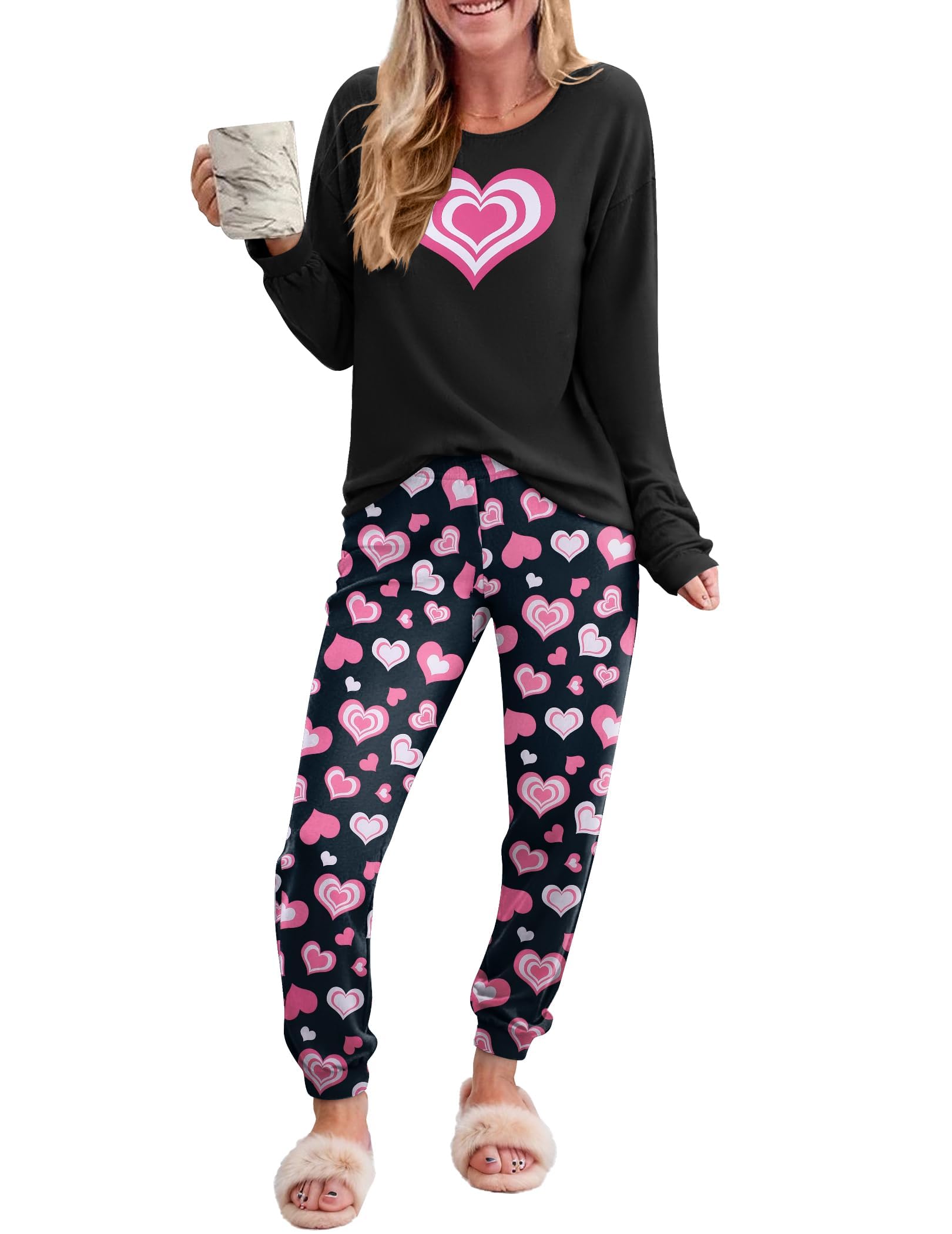 Ekouaer Womens Pajama Sets Long Sleeve Print Sleepwear Soft Pjs Casual Pullover Tops Joggers Pants with Pockets Pink Heart L