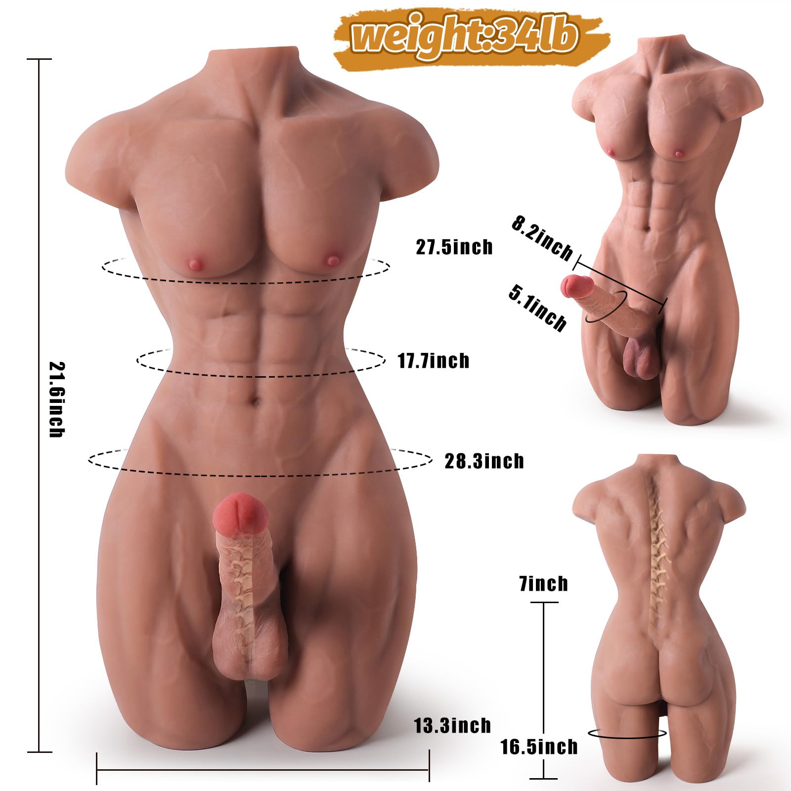 Male Sex Doll with Huge Dildo for Women, Lifesize Muscular Men Adult Sex Dolls Torso 3D with Dick, Anal Hole, Muscle Legs, Textu