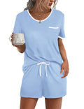 Ekouaer Pajama Set for Women 2 Piece Lounge Set Short Sleeve Tops and Shorts Soft Sleepwear, Chest Pocket Light Blue