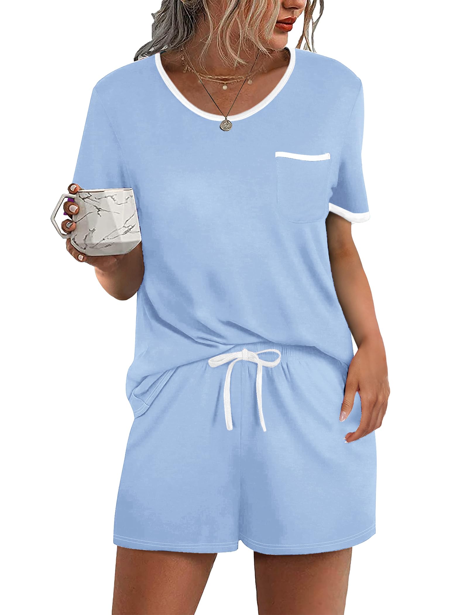 Ekouaer Pajama Set for Women 2 Piece Lounge Set Short Sleeve Tops and Shorts Soft Sleepwear, Chest Pocket Light Blue