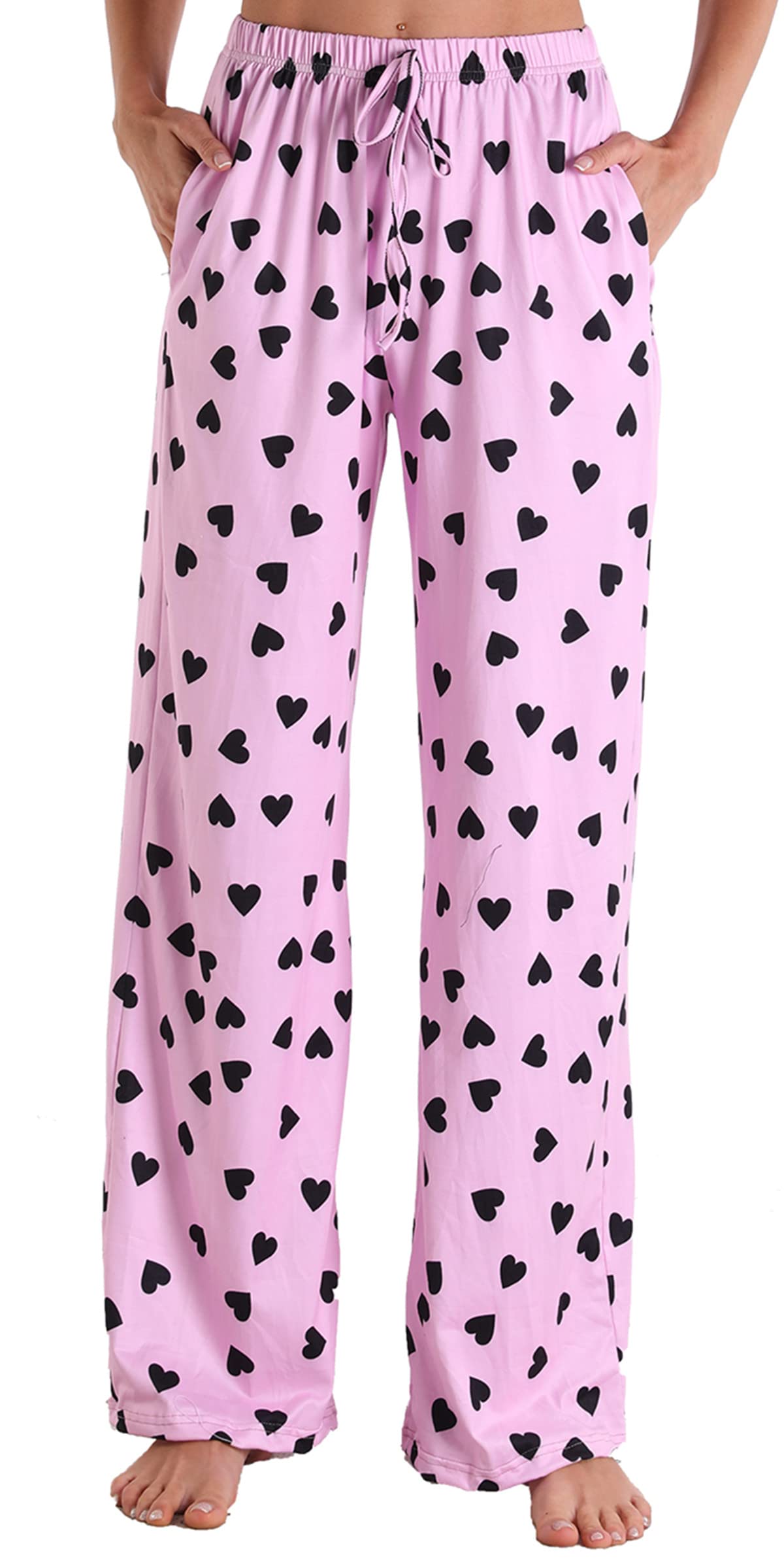 X-Image Womens Pamajas Bottoms with Pockets Loose Soft Drawstring Causal Wide Leg Lounge Pants Heart-Pink, X-Small