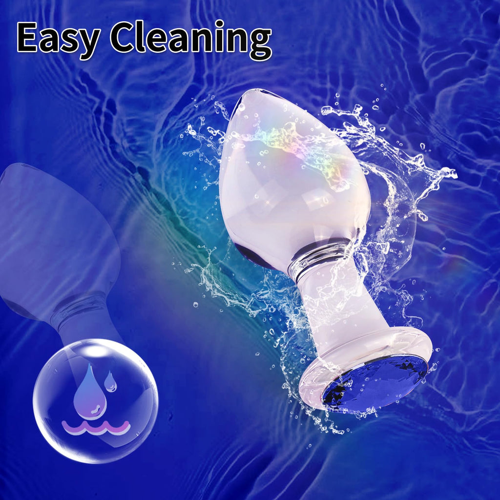 Crystal Glass Anal Plug with Luxury Jewelry Butt Plug Fetish Anus Stimulation Unisex Adult Anal Sex Toy (Blue, L)