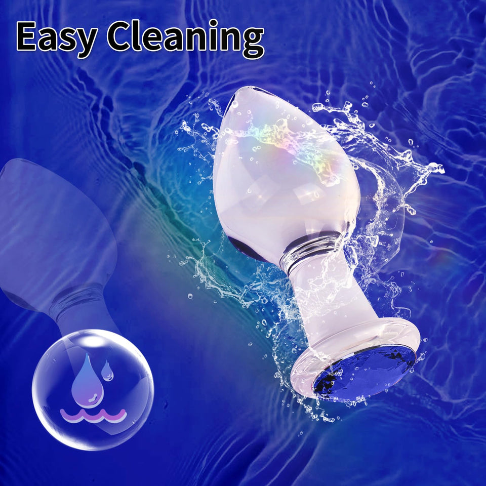 Crystal Glass Anal Plug with Luxury Jewelry Butt Plug Fetish Anus Stimulation Unisex Adult Anal Sex Toy (Blue, L)