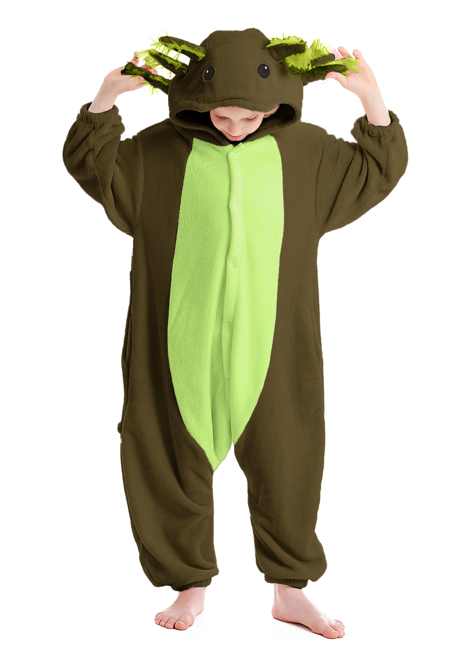 CuteOn Green Axolotl Onesie Kids Animal Pajamas for Boys Girls Halloween Christmas Costume Cosplay Sleepwear Height for 140cm