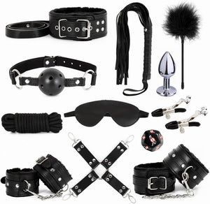 Sex Bondage Restraint Kits BDSM Toys 12 Pcs Handcuffs Ankle Cuffs Anal Plug Nipple Clamps Ball Gag Blindfold Rope Leather Restra