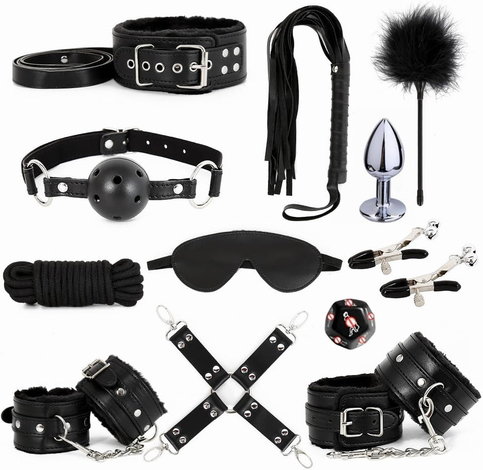 Sex Bondage Restraint Kits BDSM Toys 12 Pcs Handcuffs Ankle Cuffs Anal Plug Nipple Clamps Ball Gag Blindfold Rope Leather Restra