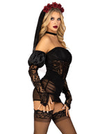 4 Pc Heartbreak Bride, Includes Lace Boned Bodysuit With Sheer Garter Skirt And Glitter Broken Heart Detail, Puff Lace Gauntlet