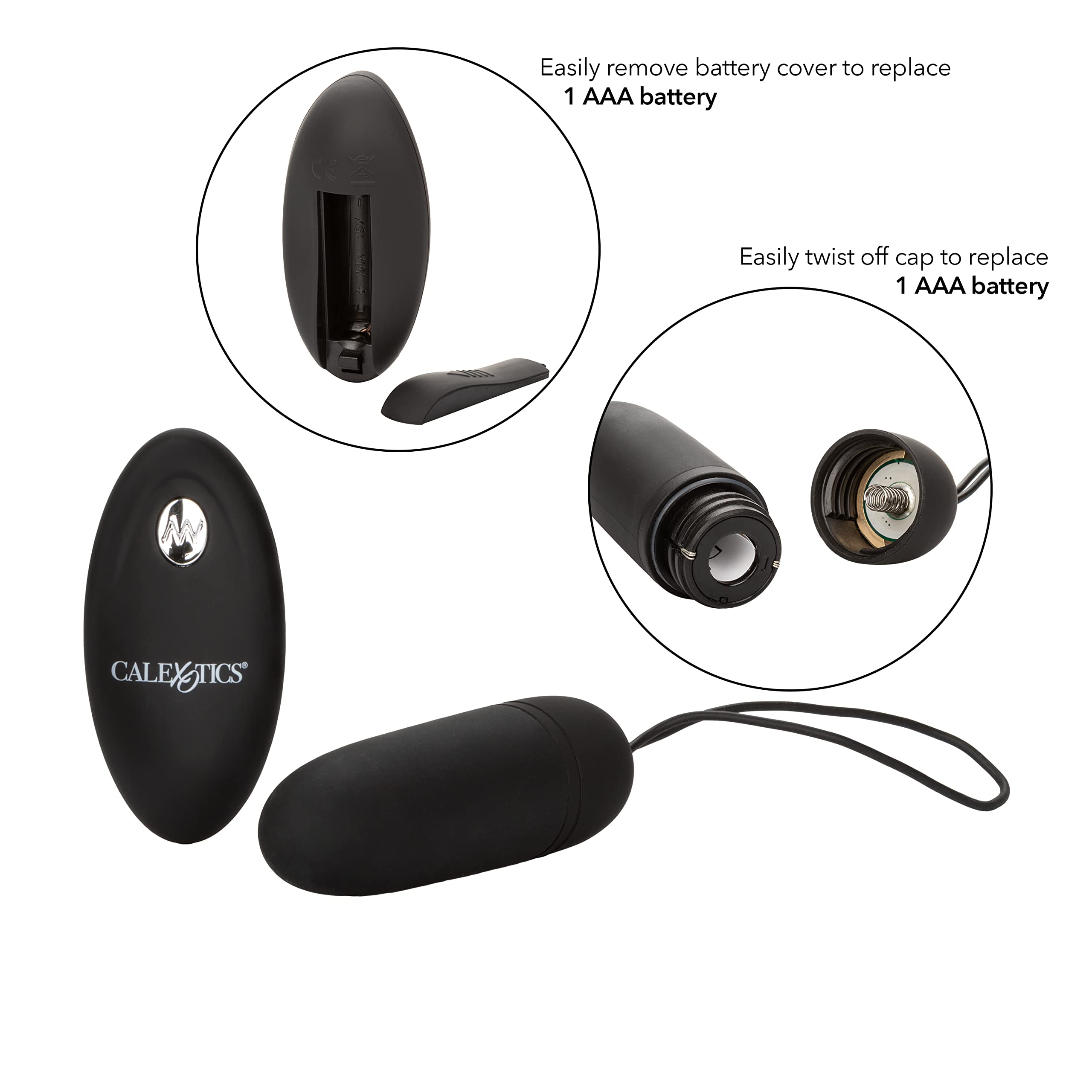 Calexotics Silicone Remote Bullet Vibrator, Waterproof 12-Functions Silicone Massager With Easy Retrieval Cord Black Se-0077-10-