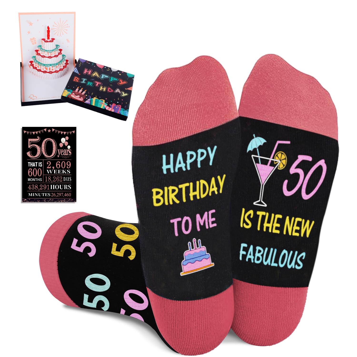 Juesly 50th Birthday Gifts for Her - Socks with Pop Up Greeting Card and 50th Poster Anniversary Card, 50th Birthday Gifts for W