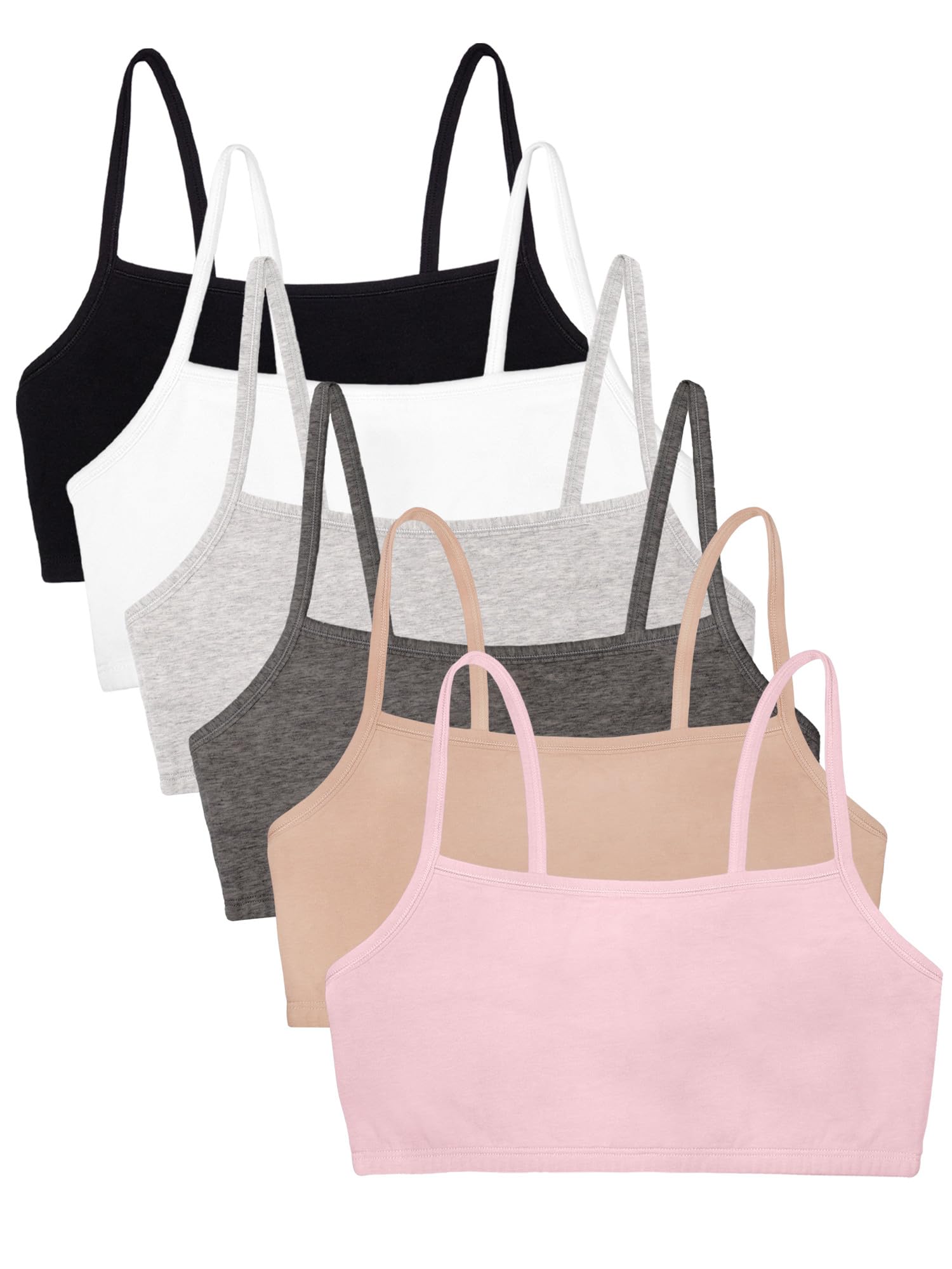 Fruit of The Loom Womens Spaghetti Strap Cotton Pullover Value Pack Sports Bra, Sand/White/Heather Grey/Black/Blushing Rose/Char