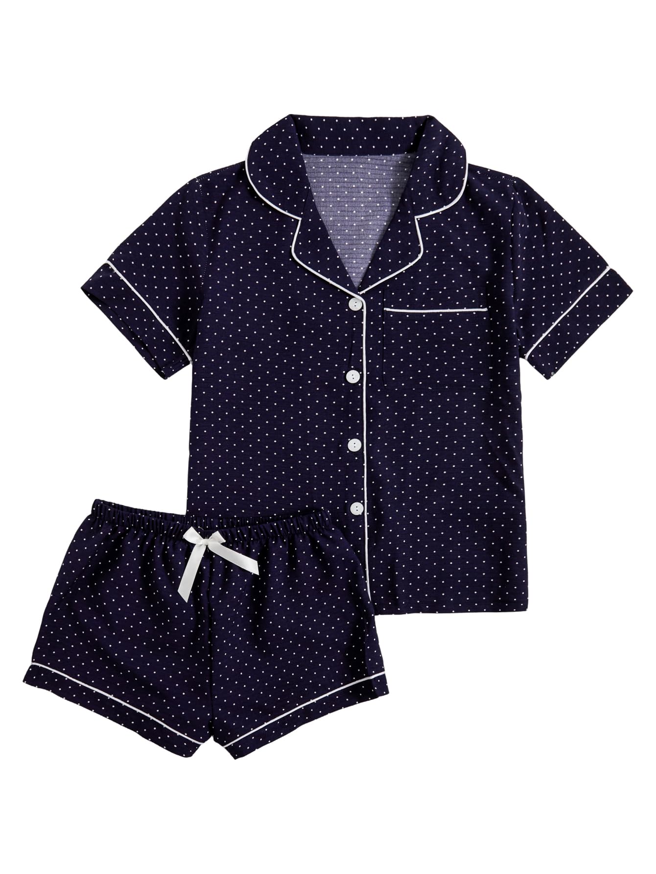 Verdusa Pajamas For Women Set 2 Piece Summer Pajama Sets Cute Pjs Lounge Matching Button Shirt with Shorts Polka Dots Blue Large