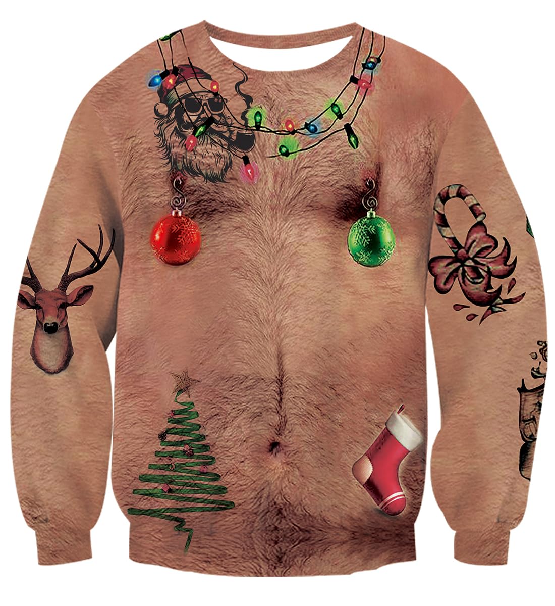 uideazone Ugly Chest Hairy Christmas Sweater Mens Funny Xmas Long Sleeve Sweatshirts Size 3XL