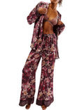 Yimoon Womens Satin Pajama Set Floral Silk Pajamas 2 Piece Cute Long Sleeve Button Down Pjs Sleepwear Lounge Set(WineRed-L)