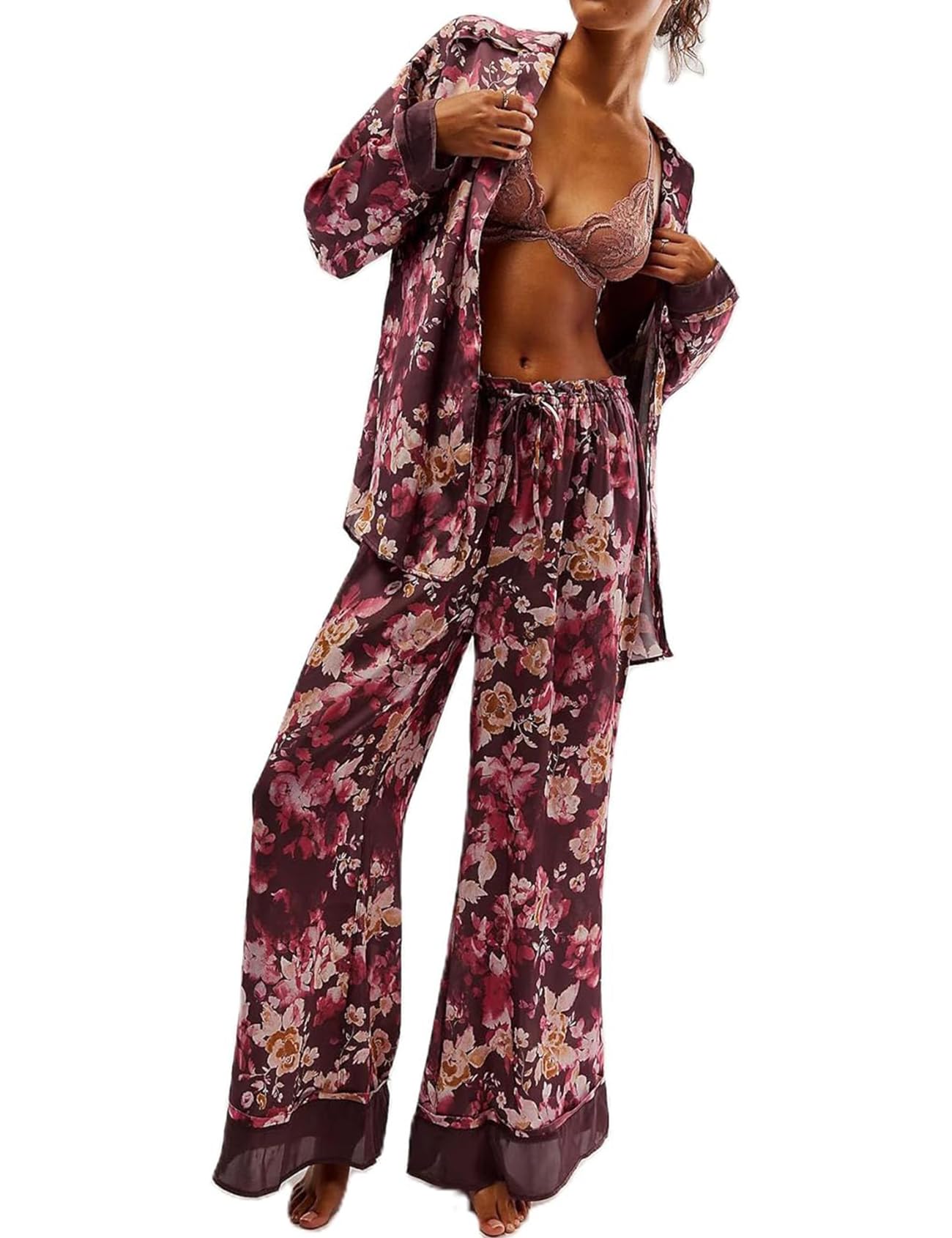 Yimoon Womens Satin Pajama Set Floral Silk Pajamas 2 Piece Cute Long Sleeve Button Down Pjs Sleepwear Lounge Set(WineRed-L)