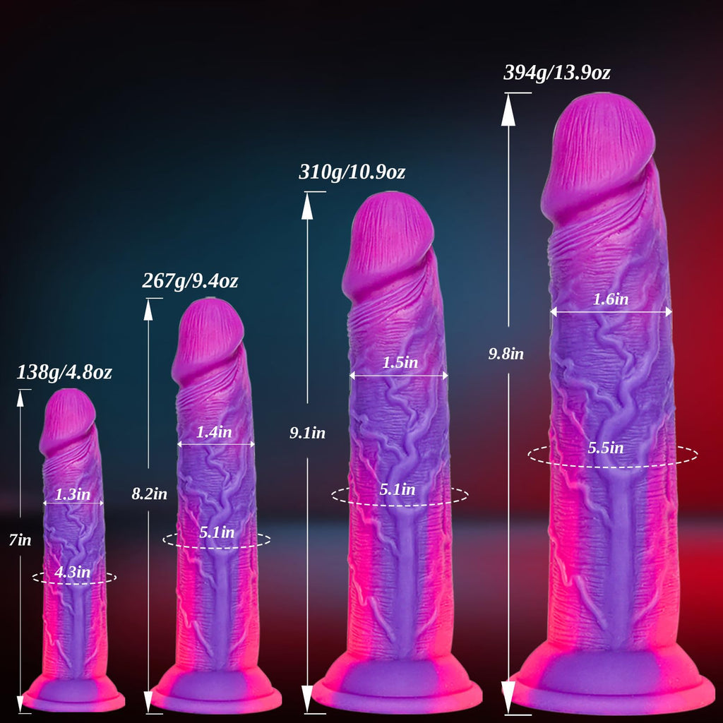 4-Piece Realistic Silicone Colorful Funny Dildo Set (7 '' 8 '' 9 '' 10 ''), Fantasy Pink Purple Dildo Anal Plug Trainer Set for