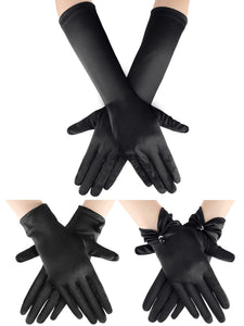 Bencailor 3 Pairs Womens Long Satin Gloves Elbow Length 1920s Opera Bridal Glove Short Wrist Length Stretchy Outfit (Black,One 