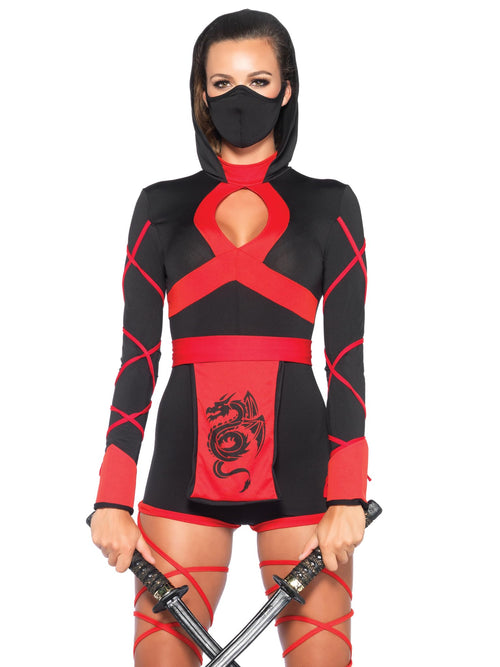 3Pc.Dragon Ninja,Hooded Romper,Waist Sash,And Face Mask Small Black/Red