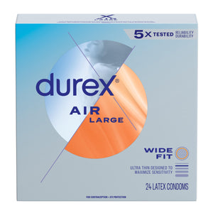 Durex Air Condoms Extra Thin, Transparent Natural Rubber Latex Condoms for Men, Wide Fit, FSA & HSA Eligible, 24 Count