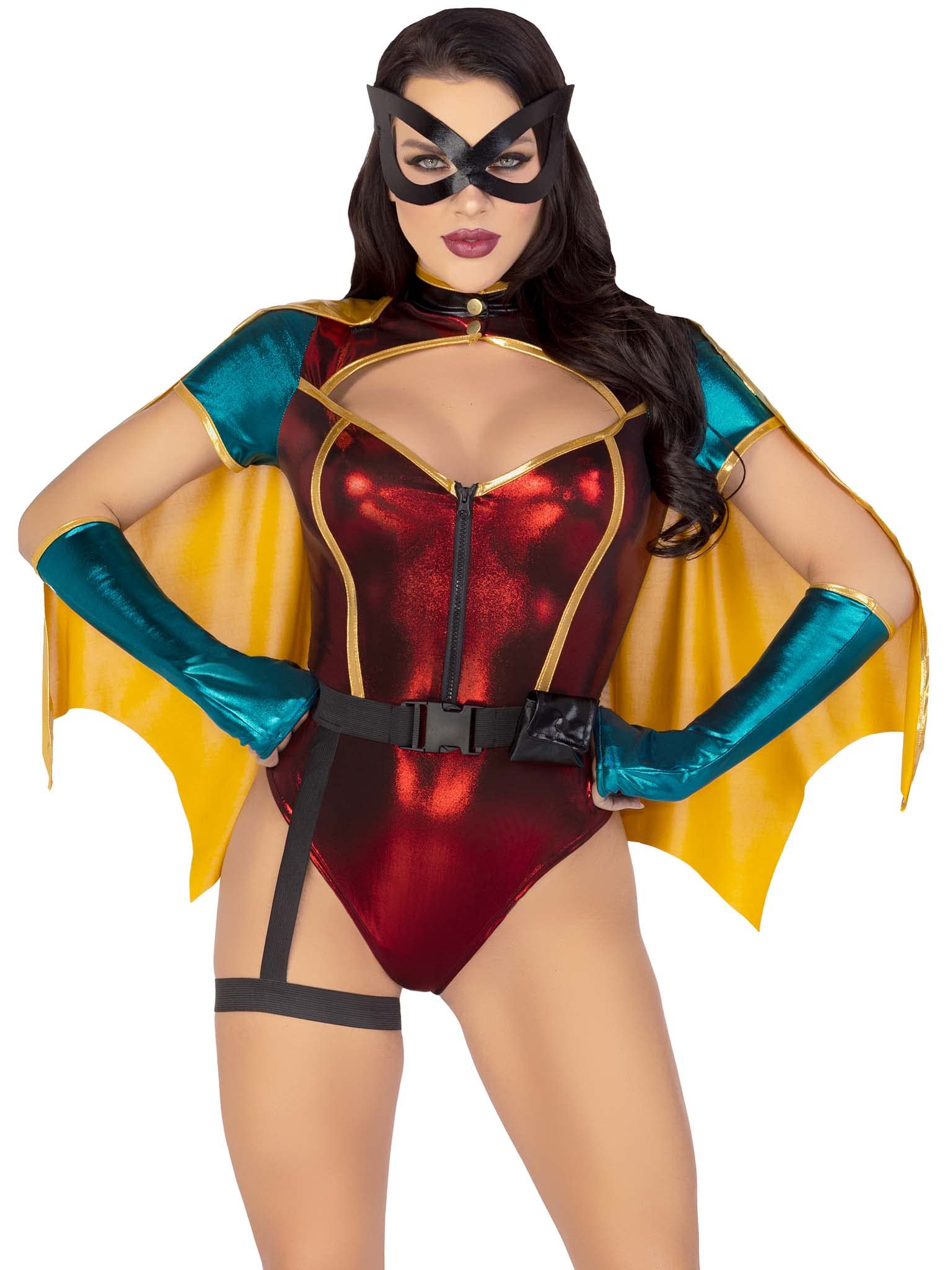 5 PC Sultry Sidekick, includes shimmer zip up bodysuit, detachable cape, belt with attached garter, gloves, and face mask.