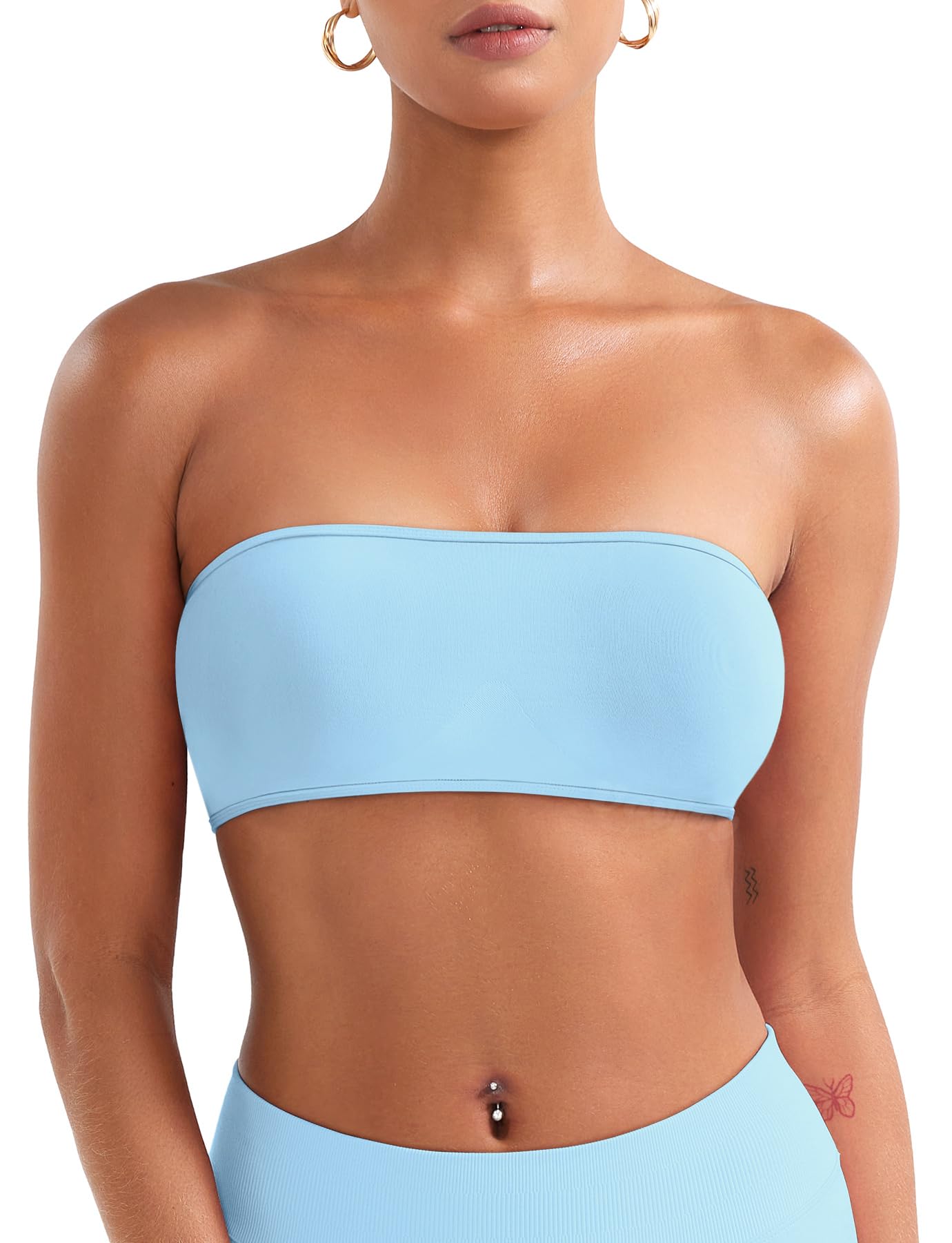 VOYJOY Impact Backless Bandeau Bra Workout Strapless Bandeau Basic Tank Top Adjustable Back Ice Blue