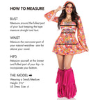 6 PC Hippie Chick, includes bell sleeve empire waist dress, head scarf, fringe leg warmers, peace sign necklace, earrings, and s