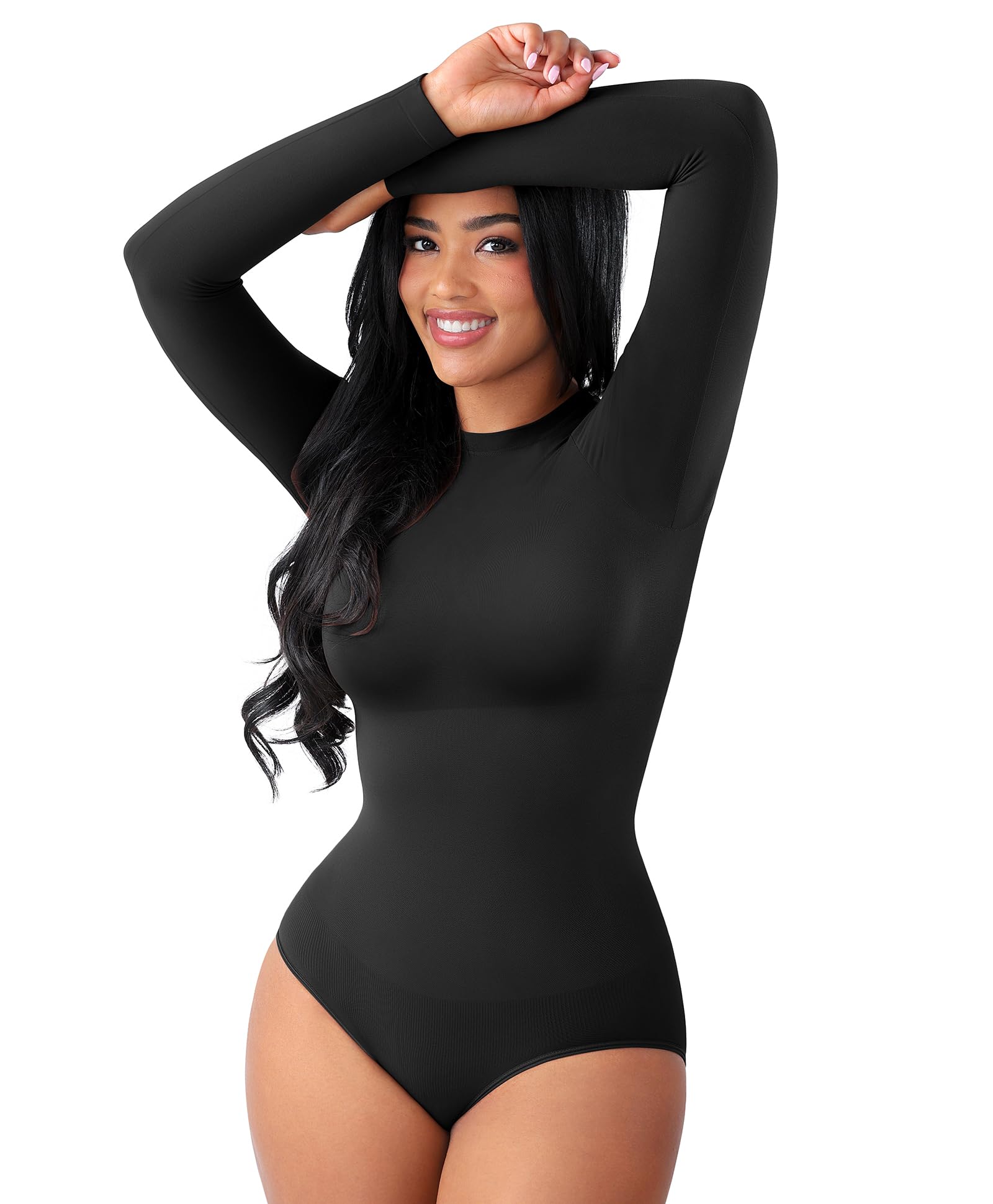 FeelinGirl Lightweight Breathable Bodysuit No Wedgies Bodysuits Long Sleeve Body Suit Smooths Curves Black Medium-Large