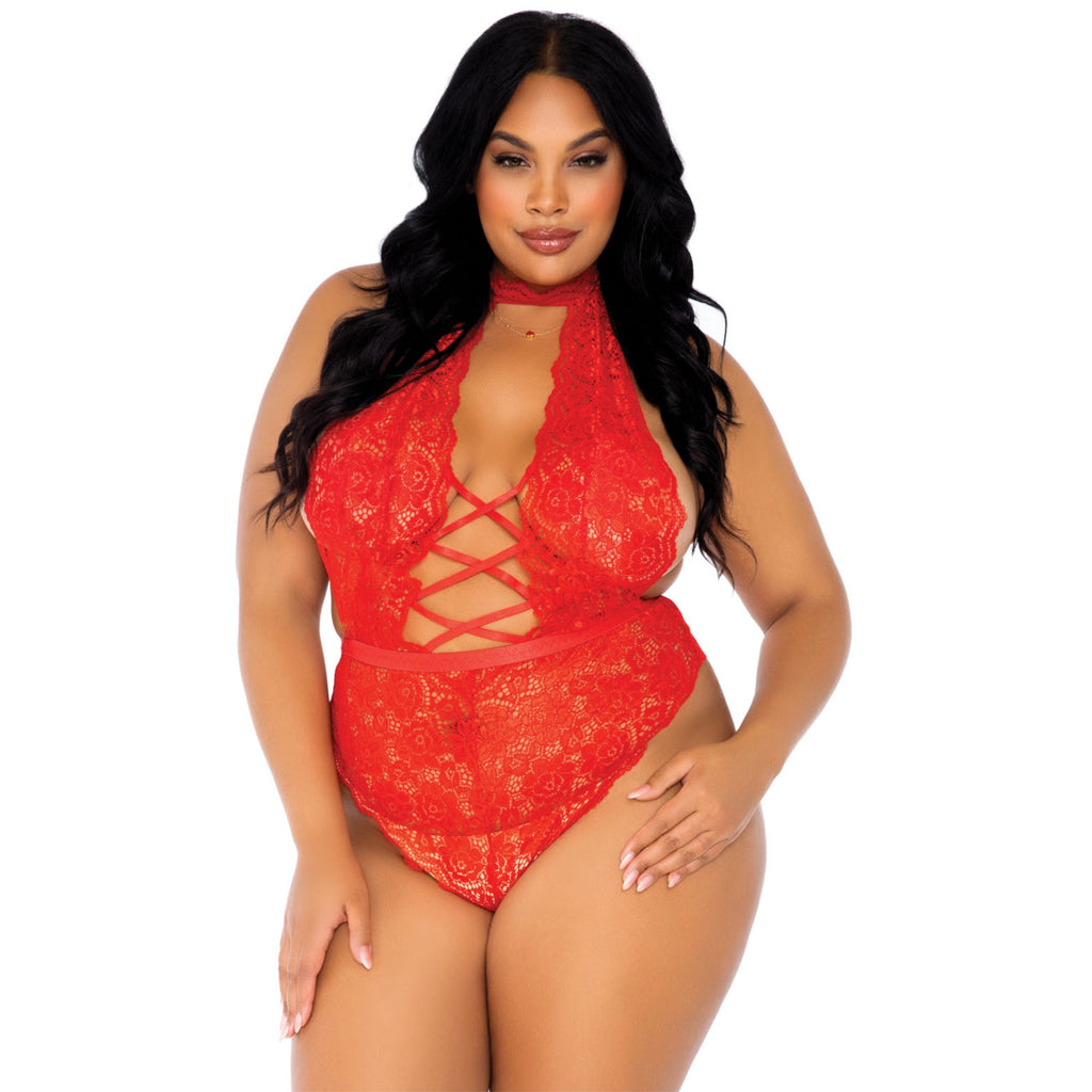 High neck floral lace backless - 1X-2X / RED