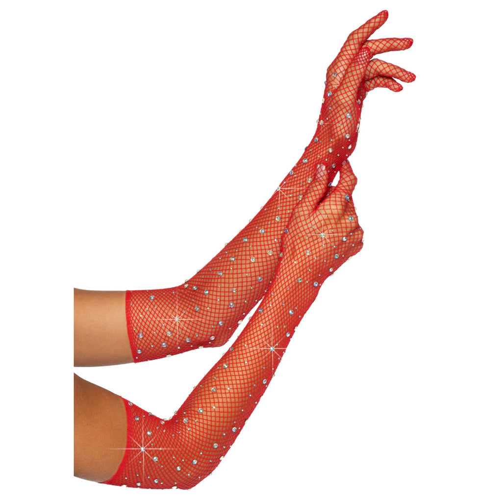 Rhinestone fishnet opera lengt - O/S / RED