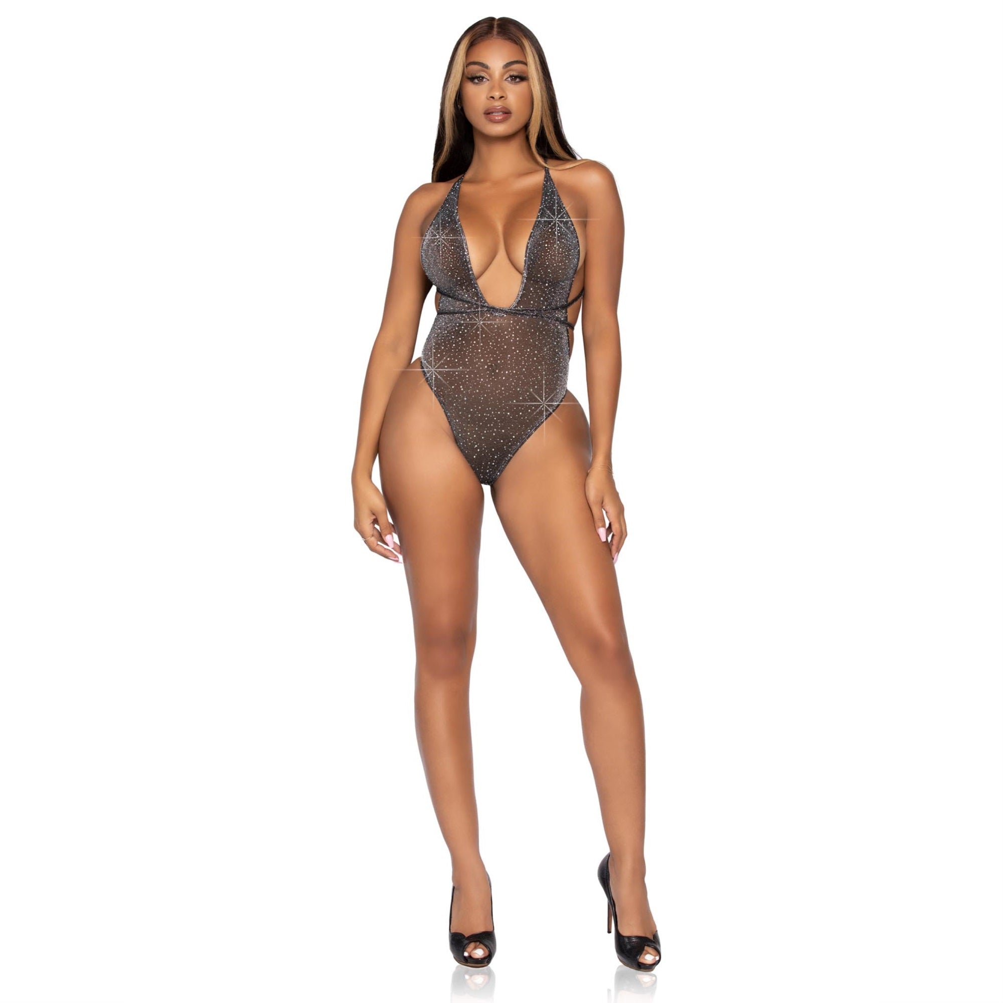 Shimmer sheer lurex rhinestone - O/S / BLK/SILVER
