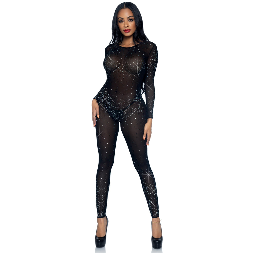 Sheer rhinestone catsuit.
