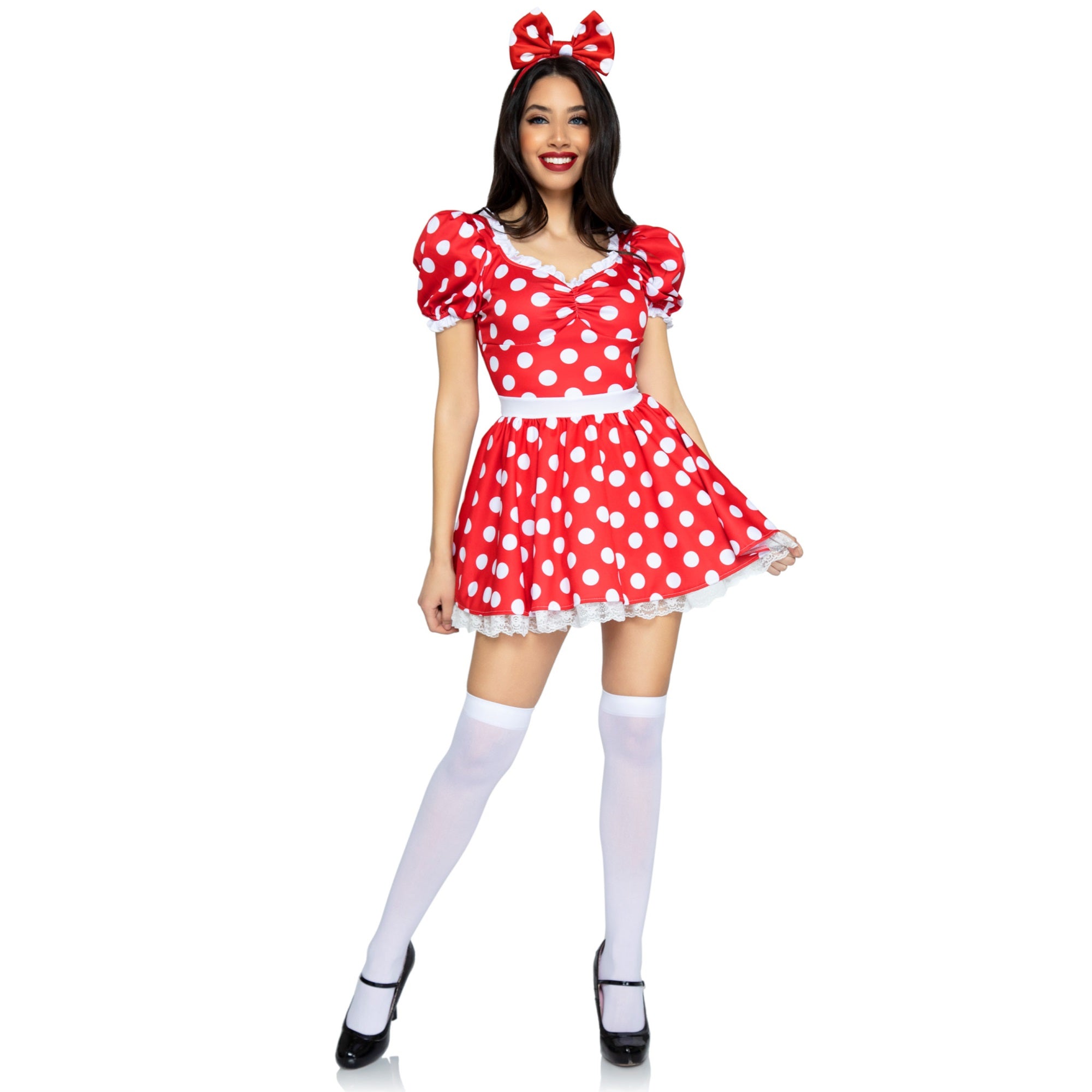 2 PC Polka dot dress with ruch - MEDIUM / RED/WHITE