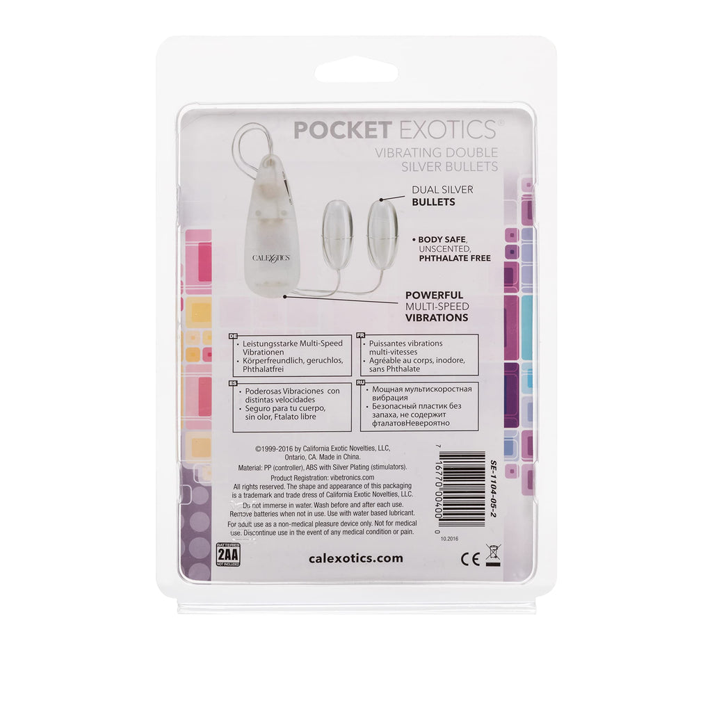Calexotics Pocket Exotics Wired Remote Double Bullet Vibrator - Sex Toys For Couples - Adult Vibe Eggs Massager - Silver