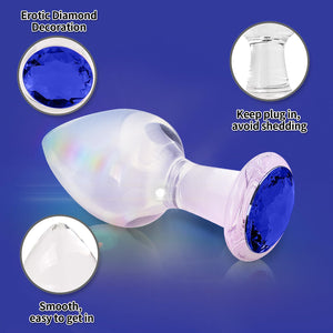 Crystal Glass Anal Plug with Luxury Jewelry Butt Plug Fetish Anus Stimulation Unisex Adult Anal Sex Toy (Blue, L)