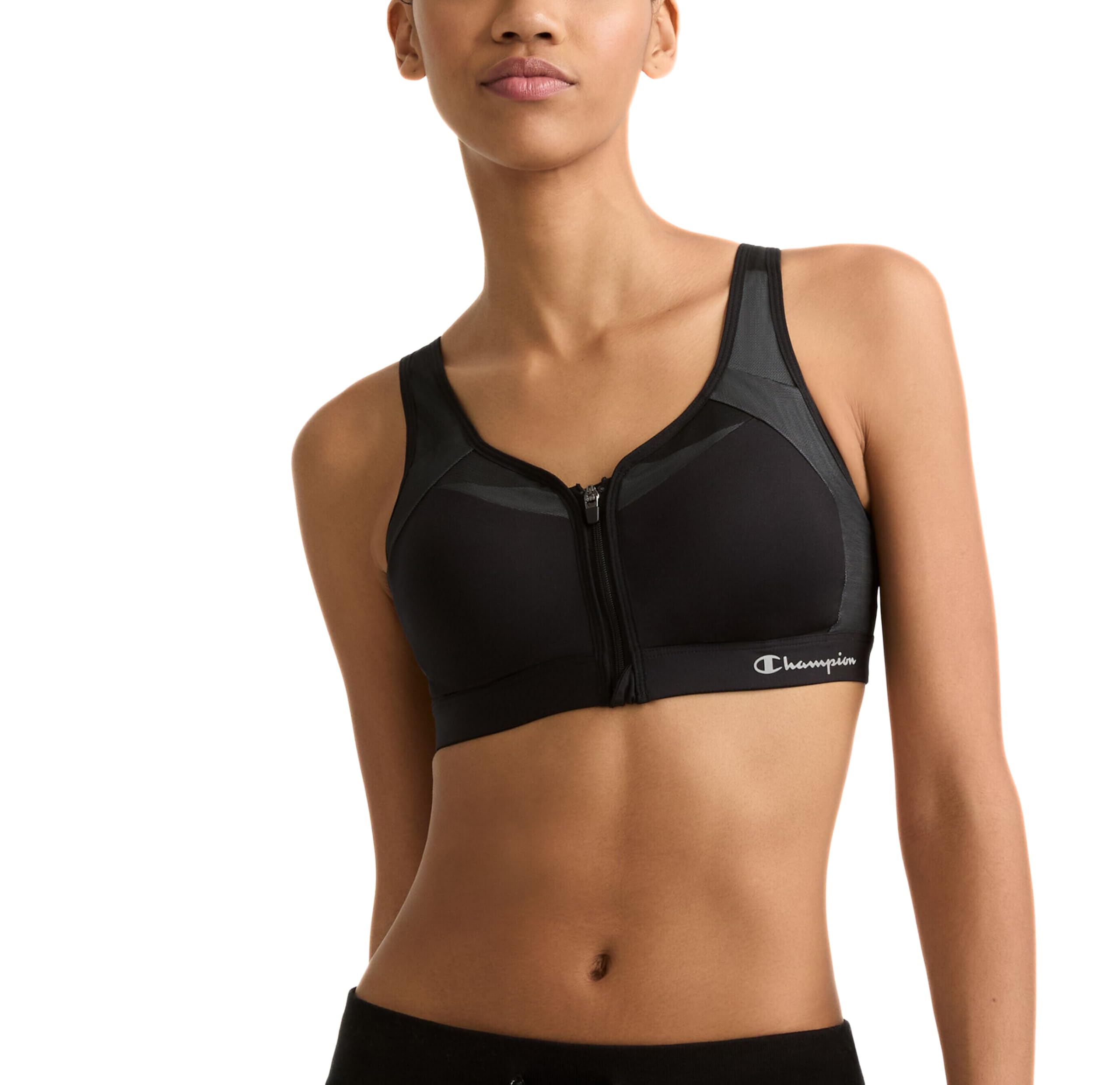 Champion Womens Sports Bra, Motion Control Front-Zip, High-Impact Maximum Support, Breathable, Moisture Wicking, Black, 38D